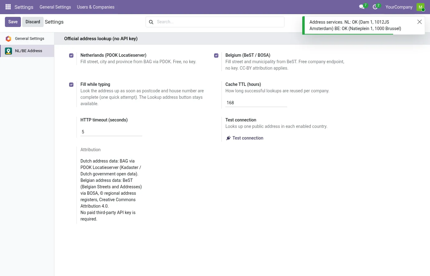 Settings: countries, cache, timeout and attribution