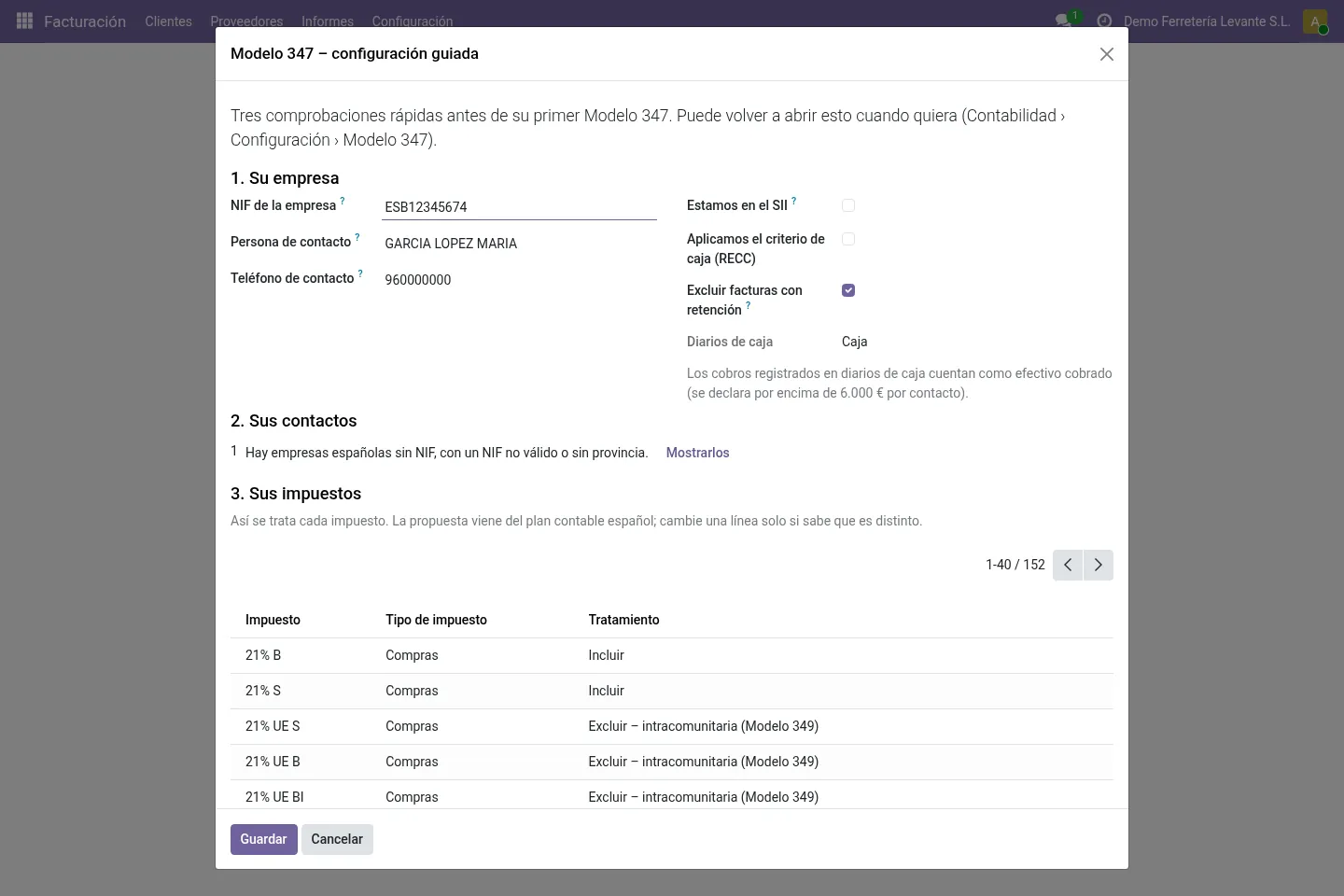 Configuració guiada amb comprovacions de l'empresa i tractament d'impostos
